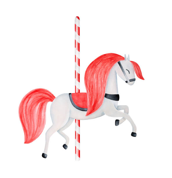 Water color sketch of joyful carousel horse with bright red and white striped pole. One single object. Hand painted watercolour sketchy drawing, cutout clipart detail for creative design decoration. Hand drawn watercolor illustration. carousel horse isolated stock illustrations
