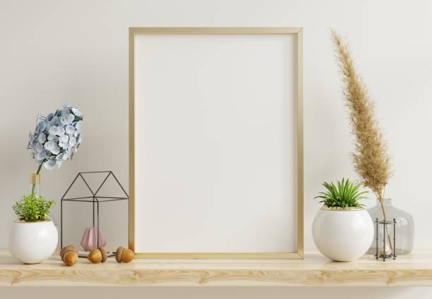 istock Home interior poster mock up with vertical metal frame with ornamental plants in pots on empty wall background. 1277457788