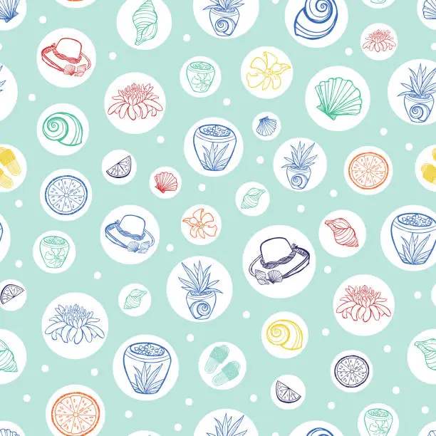 Vector illustration of Vector pastel green tropical beach resort repeat pattern with circles. Suitable for gift wrap, textile and wallpaper.