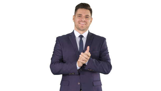istock Smiling businessman clapping hands on white background 1277460453