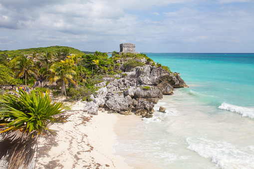Scenic view of the Mayan ruins of Tulum with its famous beach by the Caribbean Sea, Quintana Roo state, Yucatan Peninsula, Mexico