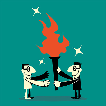Business Characters Full Length Vector Art Illustration.
One businessman is passing a flaming torch to another businessman.