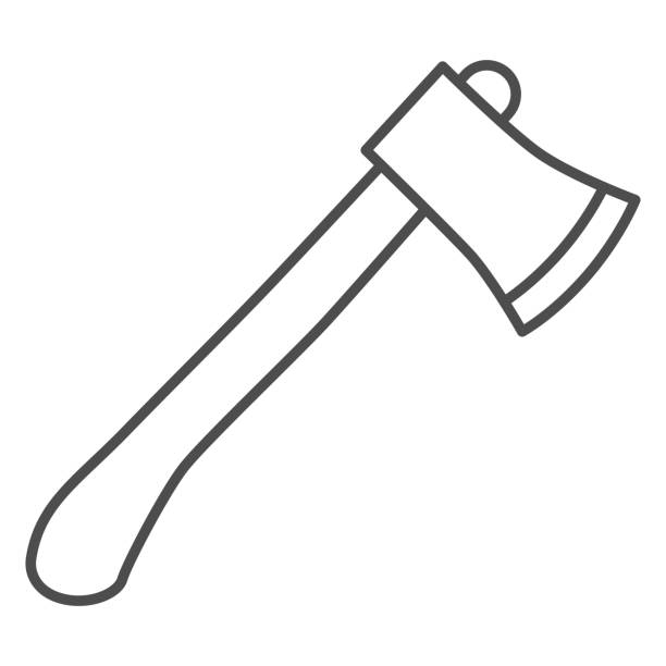 illustrazioni stock, clip art, cartoni animati e icone di tendenza di icona della linea sottile ax, concetto di giardinaggio e giardinaggio, cartello delle attrezzature della casa di lavoro su sfondo bianco, simbolo axe in stile contorno per concetto mobile e web design. grafica vettoriale. - ascia