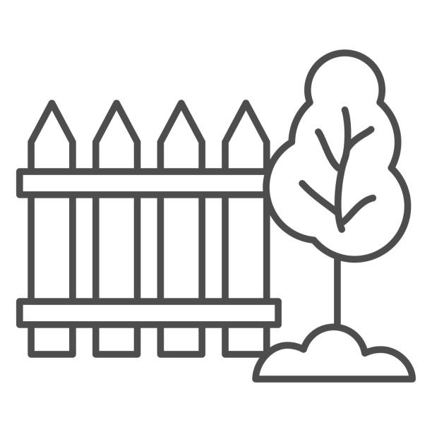 illustrazioni stock, clip art, cartoni animati e icone di tendenza di icona della linea sottile di recinzione e albero, concetto di giardinaggio e giardinaggio, cartello giardino su sfondo bianco, albero da frutto dietro l'icona della recinzione in legno in stile contorno per il concetto mobile, web design. grafica vettorial - garden fence immagine