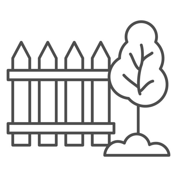 울타리와 나무 얇은 라인 아이콘, 정원과 원예 개념, 흰색 배경에 정원 기호, 모바일 개념, 웹 디자인에 대한 윤곽 스타일 나무 울타리 아이콘 뒤에 과일 나무. 벡터 그래픽. - fence line stock illustrations