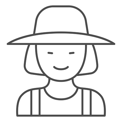 Female gardener thin line icon, Garden and gardening concept, Gardener woman sign on white background, female farmer in hat icon in outline style for mobile concept, web design. Vector graphics