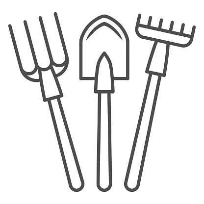 Fork, shovel, rake thin line icon, gardening concept, set of hand garden tools for digging and loosening ground sign on white background, Garden tools icon in outline style. Vector graphics