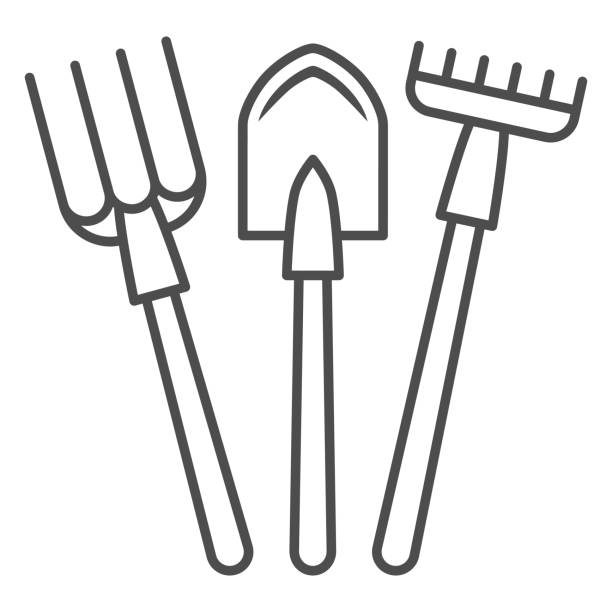Fork, shovel, rake thin line icon, gardening concept, set of hand garden tools for digging and loosening ground sign on white background, Garden tools icon in outline style. Vector graphics. Fork, shovel, rake thin line icon, gardening concept, set of hand garden tools for digging and loosening ground sign on white background, Garden tools icon in outline style. Vector graphics shovel stock illustrations