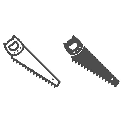 Hand saw line and solid icon, Garden and gardening concept, Hacksaw sign on white background, metal handsaw icon in outline style for mobile concept and web design. Vector graphics
