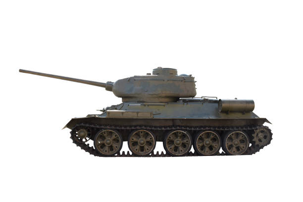 a soviet t-34 tank stands in bright sun on a clean white background with clipping. photographed from the side - army usa text metal imagens e fotografias de stock