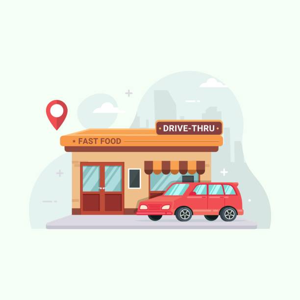 ilustraciones, imágenes clip art, dibujos animados e iconos de stock de conducir a través de la historia de dibujos animados de ilustración vectorial del restaurante de comida rápida - señal drive thru