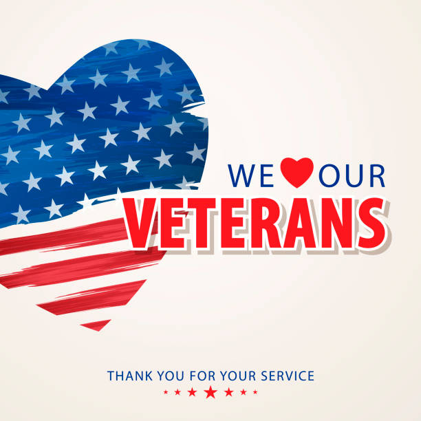 We Love Our Veterans We love and honor our veterans who served in the United States in all wars with heart shape painted in American flag pattern military parade stock illustrations