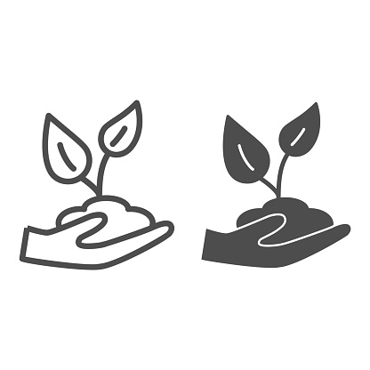 Hand holding soil with plant line and solid icon, Garden and gardening concept, Seedling sign on white background, Young plant in soil in caring hand icon in outline style for mobile. Vector graphics