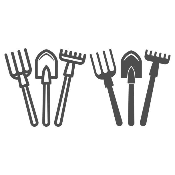 illustrations, cliparts, dessins animés et icônes de fourche, pelle, ligne de râteau et icône solide, concept de jardinage, ensemble d’outils de jardin à main pour creuser et desserrer le signe de sol sur le fond blanc, icône d’outils de jardin dans le modèle de contour. graphiques vectoriels. - râteau