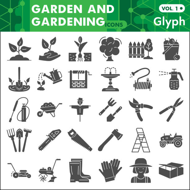 ilustraciones, imágenes clip art, dibujos animados e iconos de stock de jardín y jardinería conjunto de iconos sólidos, colección de símbolos agrícolas o bocetos. signos de estilo de glifo de agricultura para web y aplicación. gráficos vectoriales aislados sobre fondo blanco. - rastrillo artículos de jardín