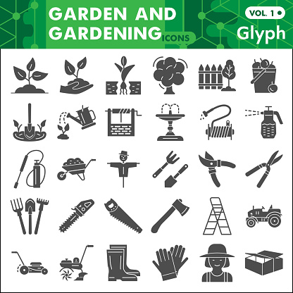 Garden and gardening solid icon set, farming symbols collection or sketches. Agriculture glyph style signs for web and app. Vector graphics isolated on white background