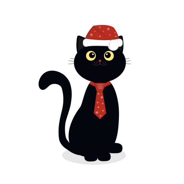 black kitten in a Christmas costume hat and tie, isolated color vector illustration on a white background in flat style, banner, poster, clipart, decoration black kitten in Santa Claus hat and red tie, vector illustration cat in santa hat stock illustrations