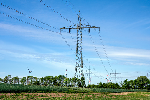 Electricity pylons and power lines seen in Germany