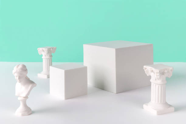 Abstract background mock up with podium for product display and gypsum ancient sculpture. Abstract background mock up with podium for product display and gypsum ancient sculpture. Blank product stand in minimal slyle on turquoise background bust sculpture photos stock pictures, royalty-free photos & images