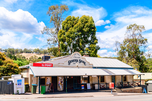 Adelaide Hills, South Australia - February 9, 2020: Clarendon General Store with Australia Post office on a bright day