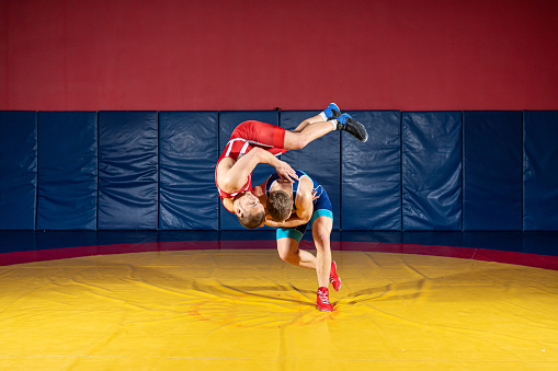 Two strong wrestlers in blue and red wrestling tights are wrestlng and making a  making a hip throw  on a wrestling carpet in the gym. Young man doing grapple.
