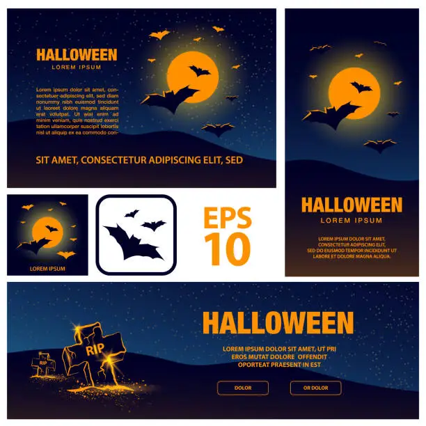 Vector illustration of Halloween banners set for social networks with bats flying over full moon background.