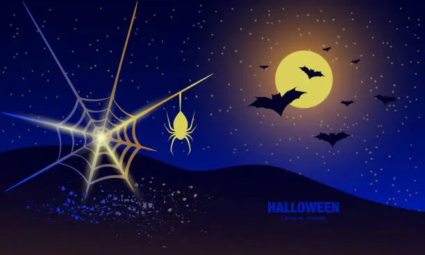 Vector illustration of Halloween night banner with spider and spider web.