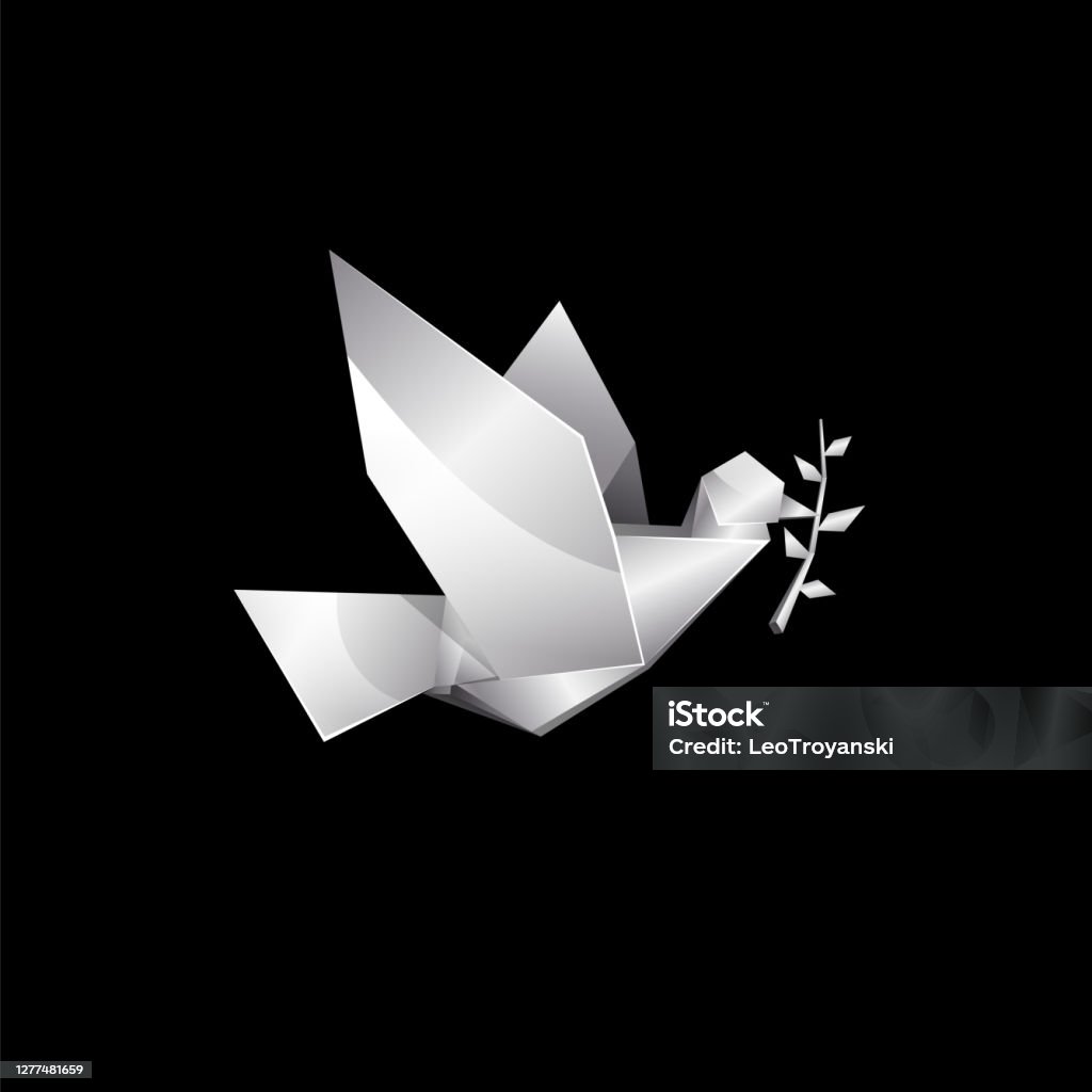 White origami flying dove with branch on black background. Polygonal pigeon logo template. White origami flying dove with branch on black background. Polygonal pigeon logo template Paper stock vector
