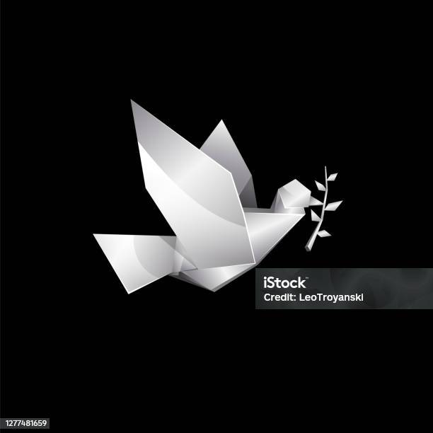 White Origami Flying Dove With Branch On Black Background Polygonal Pigeon Logo Template Stock Illustration - Download Image Now