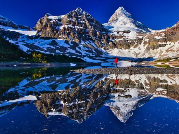 Photo of Hiker person walking along the Lake Magog with Mount Assiniboine in the background, British Columbia, Canada