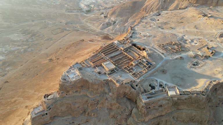 Aerial view of the ruins of Massada is a fortress built by Herod the Great on a cliff-top off the coast of the Dead Sea. Destroyed by the Romans in the 1st century AD e. Included in the UNESCO World Heritage List