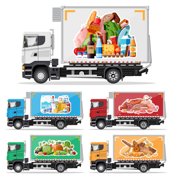 illustrazioni stock, clip art, cartoni animati e icone di tendenza di auto per camion piena di prodotti alimentari. - truck transportation fish industry