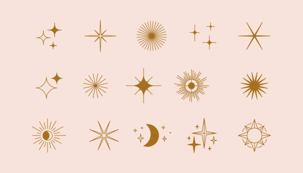 Vector set of linear icons and symbols - stars, moon, sun - abstract design elements for decoration or logo design templates in modern minimalist style Vector set of linear icons and symbols - stars, moon, sun - abstract design elements for decoration or logo design templates in modern minimalist style sky icons stock illustrations