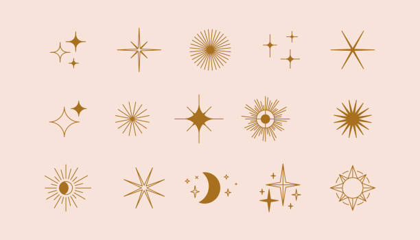 Vector set of linear icons and symbols - stars, moon, sun - abstract design elements for decoration or logo design templates in modern minimalist style Vector set of linear icons and symbols - stars, moon, sun - abstract design elements for decoration or logo design templates in modern minimalist style star constellation tattoo stock illustrations