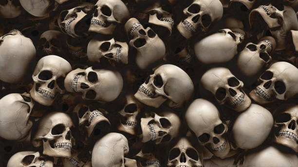 menschliche schädel hintergrund aus 3d rendering für halloween und apokalypse konzept - apocalypse date stock-fotos und bilder