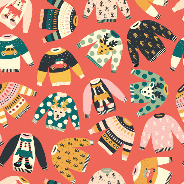 Seamless pattern Ugly Christmas jumpers. Repeating vector holiday vintage background. Knitted winter sweaters with Norwegian ornaments and decorations. For fabric, gift wrap, greeting card, gift bags Seamless pattern Ugly Christmas jumpers. Repeating vector holiday vintage background. Knitted winter sweaters with Norwegian ornaments and decorations. For fabric, gift wrap, greeting card, gift bag christmas sweater stock illustrations