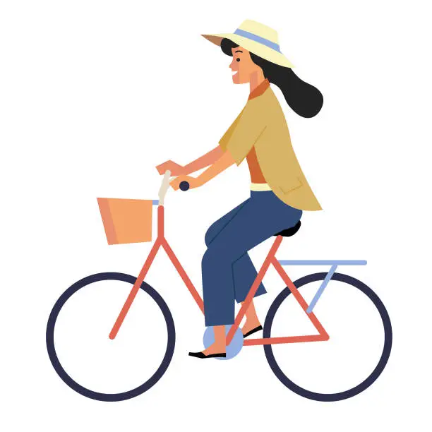 Vector illustration of Side view of woman with hat riding a retro bicycle