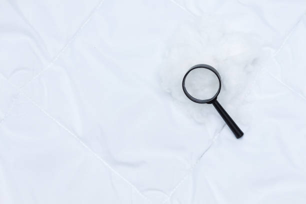 A black magnifier lies on white blanket. Detecting bed bugs in bedroom.