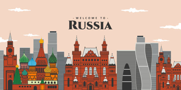 illustrations, cliparts, dessins animés et icônes de paysage de ville panoramique aérien de la russie. le célèbre monument des bâtiments est la cathédrale saint-basile, la place rouge, le kremlin et la tour evolution. profiter de la destination pour les vacances. illustration vectorielle - fédération de russie illustrations