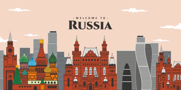 Aerial panoramic city landscape of Russia. The famous buildings landmark is St. Basil's Cathedral, Red Square, Kremlin and Evolution Tower. Enjoying destination for vacation. Vector illustration Aerial panoramic city landscape of Russia. The famous buildings landmark is St. Basil's Cathedral, Red Square, Kremlin and Evolution Tower. Enjoying destination for vacation. Vector illustration kremlin stock illustrations