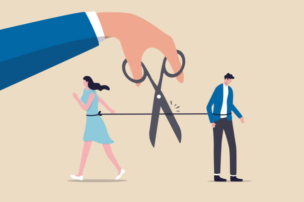 ilustrações de stock, clip art, desenhos animados e ícones de divorced couple, separation of broken marriage end of relationship concept, hand using scissors to cut rope to rip apart couple, troubles man and woman with sadness emotion. - divorce relationship difficulties separation infidelity