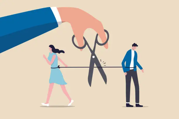 Vector illustration of Divorced couple, separation of broken marriage end of relationship concept, hand using scissors to cut rope to rip apart couple, troubles man and woman with sadness emotion.