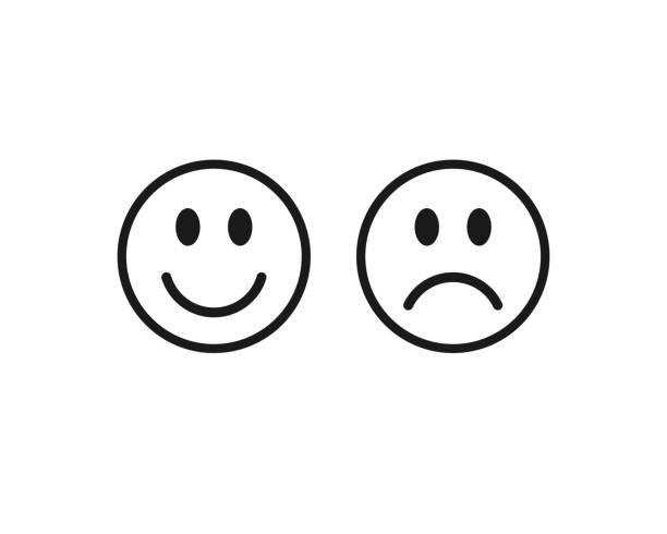 ilustraciones, imágenes clip art, dibujos animados e iconos de stock de sonrisa feliz y triste icono emoji cara infeliz. símbolo de sentimiento positivo y negativo. como y a diferencia de la señal. logotipo de emoticon. imagen de ilustración vectorial. aislado sobre fondo blanco. - cara sonriente antropomórfica