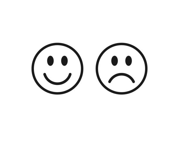 illustrations, cliparts, dessins animés et icônes de sourire heureux et icône triste d’emoji malheureux de visage. symbole de sentiment positif et négatif. comme et contrairement au signe. logo emoticon. image d’illustration vectorielle. isolé sur fond blanc. - smile sign