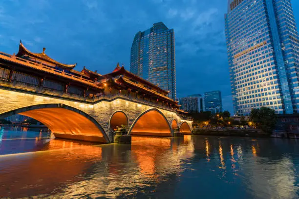 View of Anshun Bridge and modern buildings in Chengdu