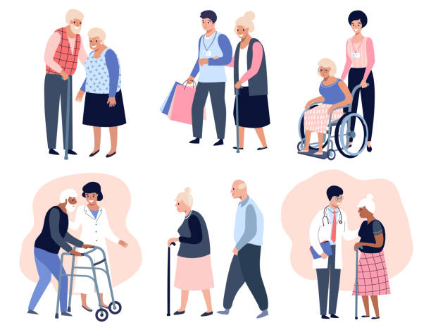 ilustrações de stock, clip art, desenhos animados e ícones de elderly people walking, - social worker illustrations