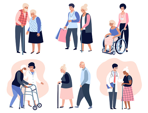 Elderly people walking, Social worker helping senior elder woman, 
Grandfather and grandmother couple. Flat vector illustration