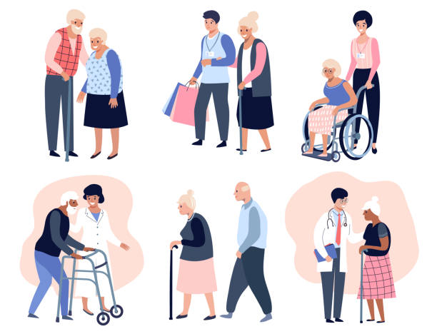 Elderly people walking, Elderly people walking, Social worker helping senior elder woman, 
Grandfather and grandmother couple. Flat vector illustration senior adult illustrations stock illustrations