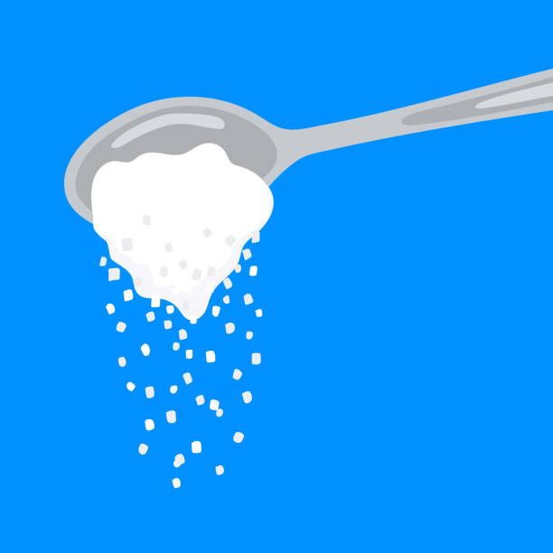 ilustrações de stock, clip art, desenhos animados e ícones de pouring sugar spoon full of powder crystals of salt or sugar vector illustration. teaspoon side view with cooking and baking ingredients need for drinks - coffee or tea. clean organic eco food. - sugar