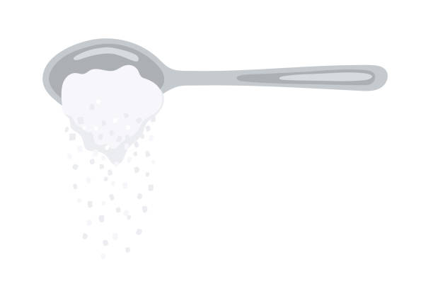 ilustrações de stock, clip art, desenhos animados e ícones de pouring sugar spoon full of powder crystals of salt or sugar vector illustration. teaspoon side view with cooking and baking ingredients need for drinks - coffee or tea. clean organic eco food. - sugar spoon salt teaspoon